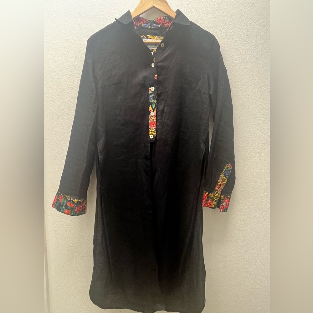 Black Long Sleeve Tunic with colorful flower accent 100% Linen Made in Portugal